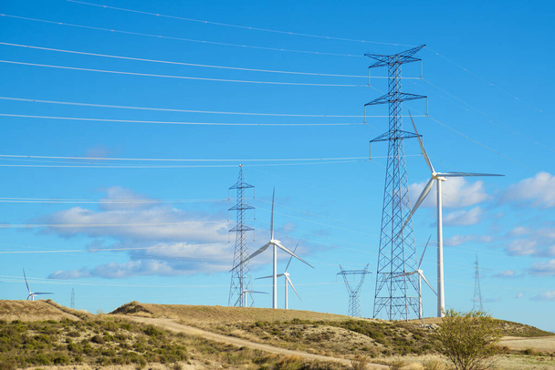 Wind turbines for electric power production, Zaragoza province, Aragon in Spain. - Фото, изображение