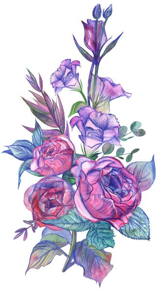 Μπουκέτο με ροζ τριαντάφυλλα και άνθη ευστώματος βαμμένα με ακουαρέλα και μολύβια - Φωτογραφία, εικόνα