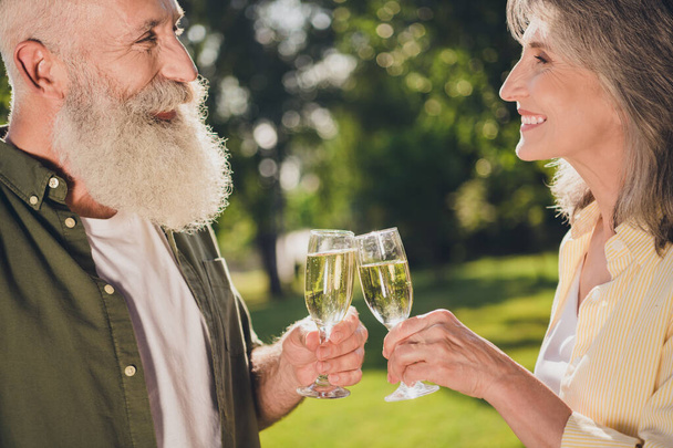 Photo of retired pensioner grey haired wife husband old couple cheers drink champagne outside outdoors in city - 写真・画像