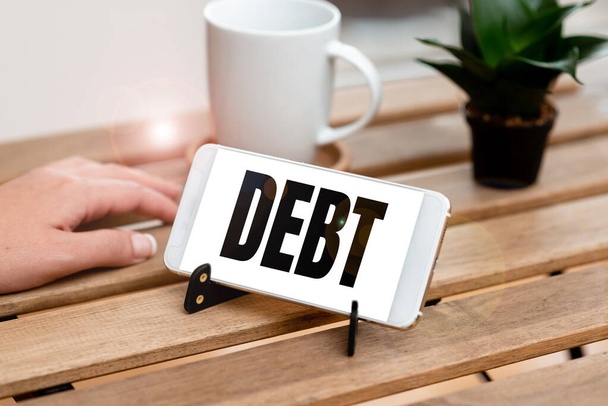 Text caption presenting Debt. Business approach a sum of money that a person or organization owes to someone or a bank Voice And Video Calling Capabilities Connecting People Together - Фото, изображение