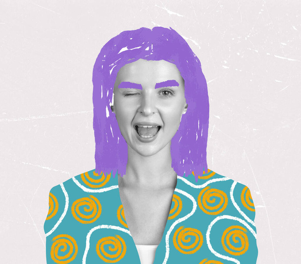 Contemporary artwork. Creative picture. Inspiration, idea, trendy urban magazine style. Cheerful girl with digital bright drawings on her face, head - Zdjęcie, obraz