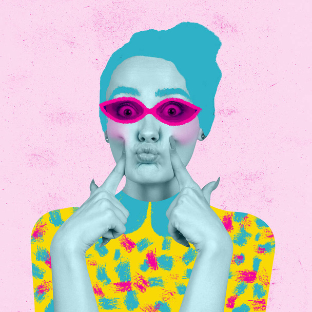 Young beautiful girl wearing digital eyewear and bright outfit. Contemporary colorful and conceptual bright art collage. - Фото, зображення