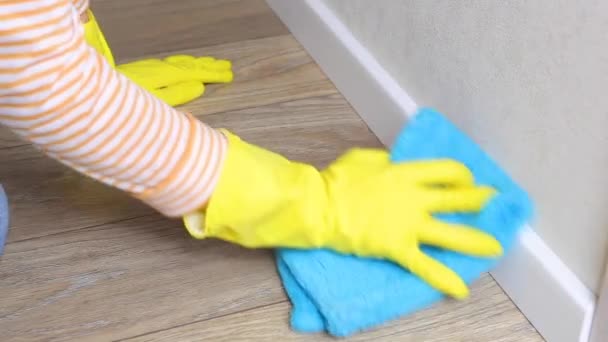 Γυναίκα χέρι πλύσιμο του πατώματος με ένα πανί γκρο πλαν - Πλάνα, βίντεο
