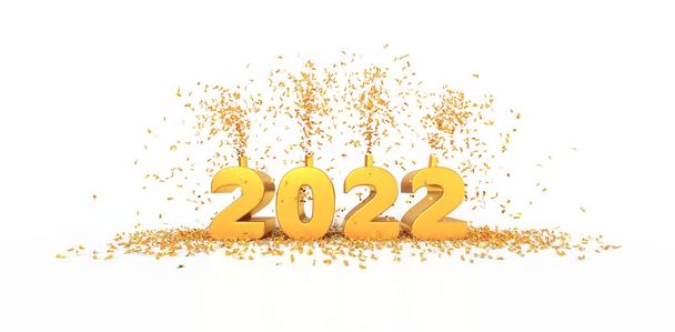 Greeting card for the year 2022 with golden number on white background - 3D rendering - Photo, Image