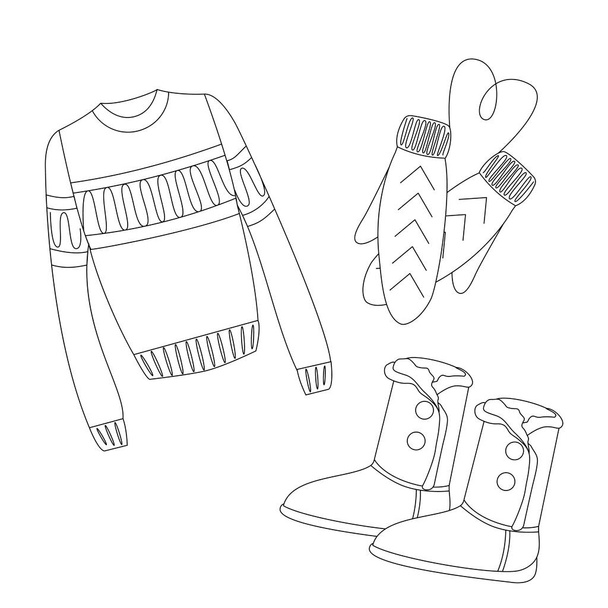 冬服アイテムのセット:セーター、ブーツ、ミトン。ベクトルアウトライン画像。衣類カタログ、技術的な図面や子供の本や着色本だけでなく、はがきに適しています.  - ベクター画像