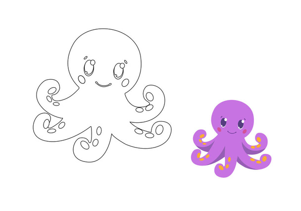 Octopus childrens coloring page with example vector illustration - Vector, Image