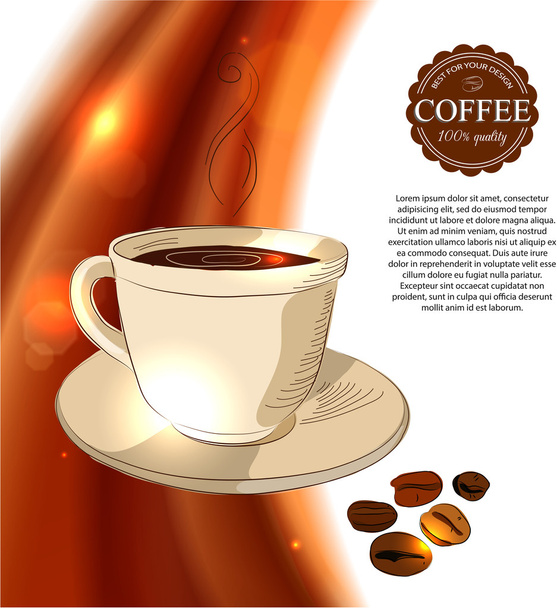 Shining coffee background with hand drawn cup of coffee, - Вектор, зображення