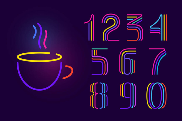 Numbers set is made of three neon lines. Vector font with glowing effect. Perfect for casino identity, vivid emblem, sale banner, and futuristic posters.  - Vector, Image