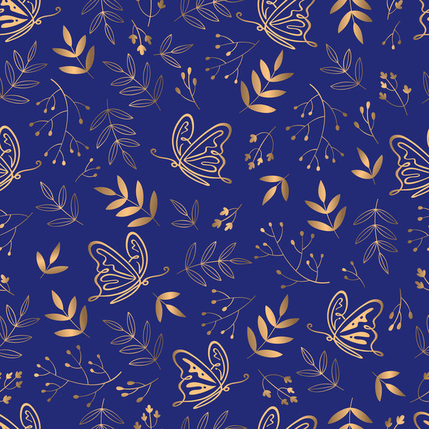 Naadloos patroon voor textiel, stof productie, behang, covers, oppervlak, print, geschenkverpakking, scrapbooking. Bladeren, bloemen en vlinders samengesteld uit gouden kunstlijn kunstbladeren op blauwe achtergrond. - Vector, afbeelding