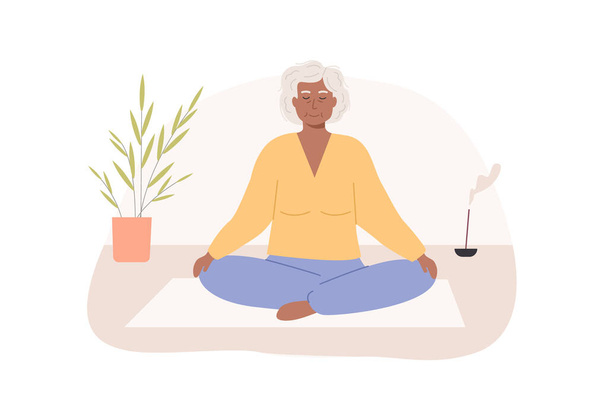 Moderni vanha afrikkalainen nainen ristissä jalat ja suljetut silmät meditoi kotona. Vanhempi mummo istuu viihtyisässä huoneessa ja harjoittelee joogaa, mindfulness-meditaatiota, hengityksen ohjausta. Vektori. - Vektori, kuva