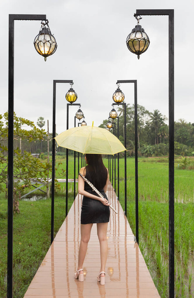 女性の背側に手にフルートと黄色の傘を保持し、モデルポーズの木製の橋の肖像画に立って - 写真・画像