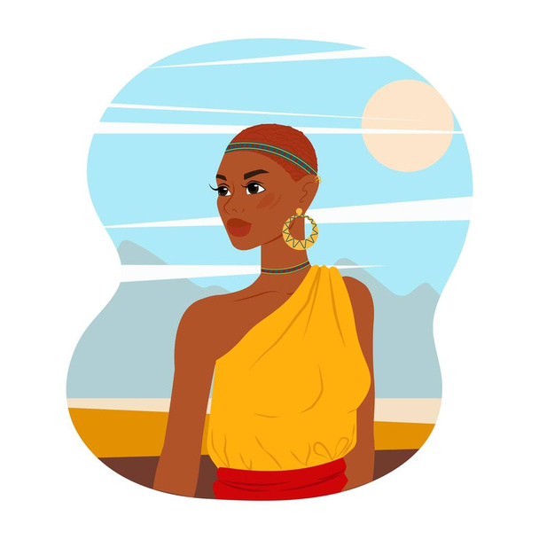 Mujer de Tanzania en estilo plano. Mujer negra con ropa nacional. Ilustración vectorial - Vector, Imagen