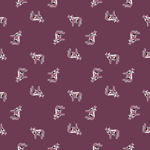 Seamless pattern cow on purple background. Texture of farm animals for any purpose. Geometric template for textile fabric design. Simple vector ornament. - Vektori, kuva