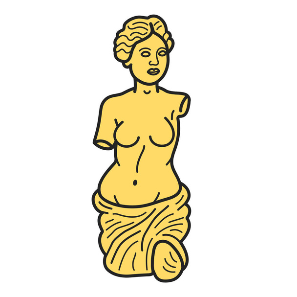 Ókori görög Vénusz szobor póló lenyomat. Vektor kézzel rajzolt firka vonal rajzfilm karakter logó illusztráció. Venera, Venus Greek, mosoly Görögország szobor nyomtatás póló, poszter, kártya, logó koncepció - Vektor, kép