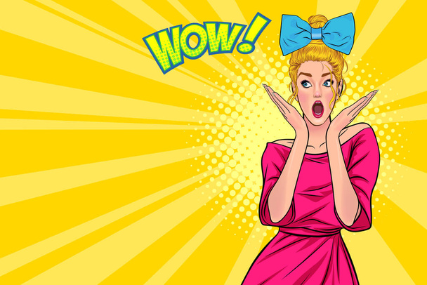 shocked woman with amazed face wow and hands up open mouth in Pop Art Comic Style - Vector, Image