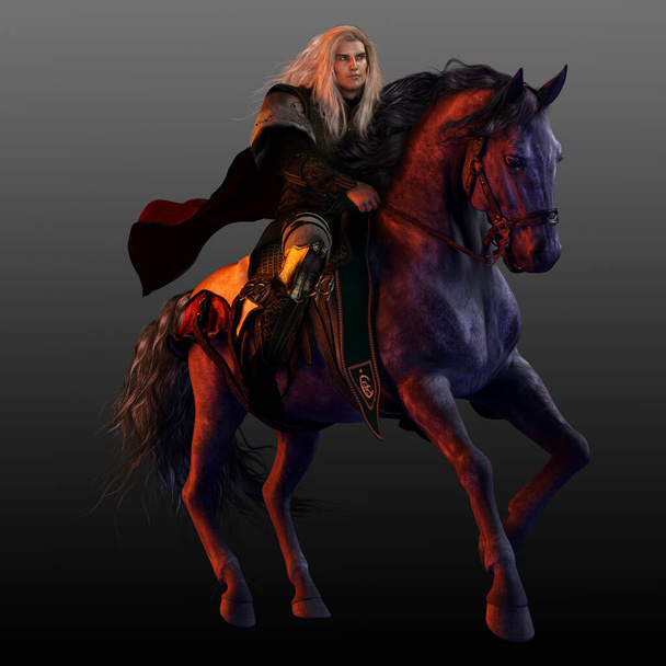 Cavaliere medievale montato sulla fantasia su stallone frisone nero - Foto, immagini