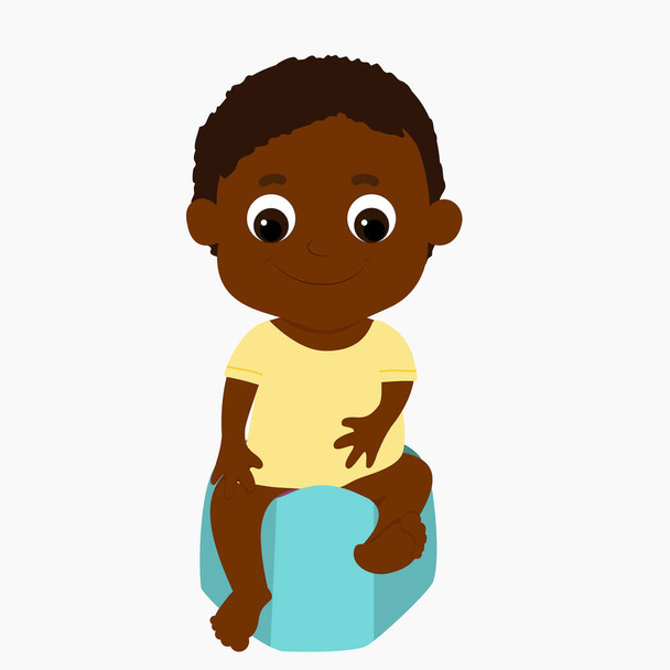 Un ragazzino carino e 'seduto su un water per bambini. Il bambino afroamericano o afroamericano sorride felice. positivo cartone animato piatto illustrazione isolato su sfondo bianco.  - Vettoriali, immagini