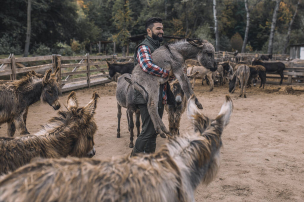 A farmer holding a donkey and smiling - Foto, Bild