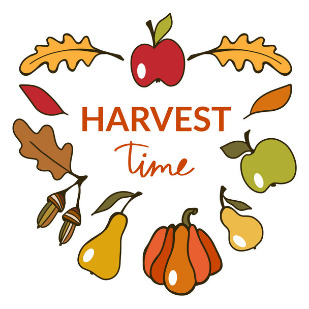 Harvest time lettering in september autumn background vector vegetables frame - Vektör, Görsel