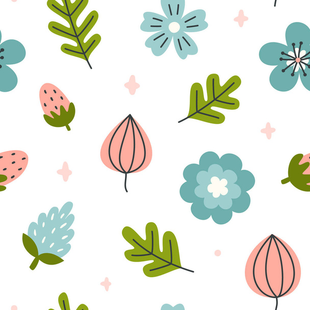 Abstract doodle flower leaves baby pattern. Cute floral seamless vector childish print for fabric, textile, wrapping, paper, stationery, nursery. - Διάνυσμα, εικόνα