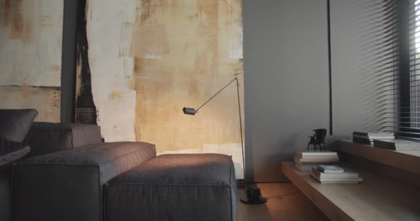 Nowoczesny minimalistyczny salon z odcieniem czerni i szarości, duże obrazy - Materiał filmowy, wideo