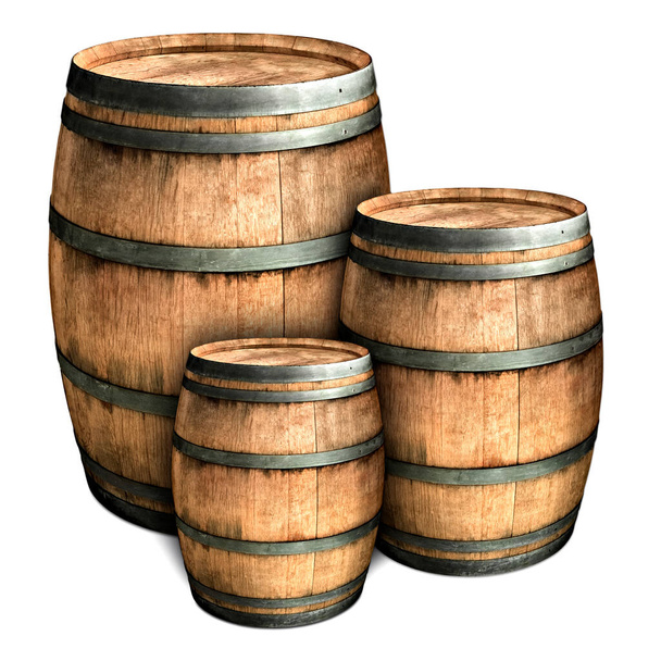 three large wooden barrels on a white background - Photo, Image