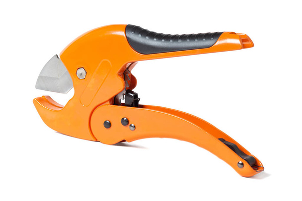 orange scissors for cutting propylene pipes insulated on a white background - Zdjęcie, obraz