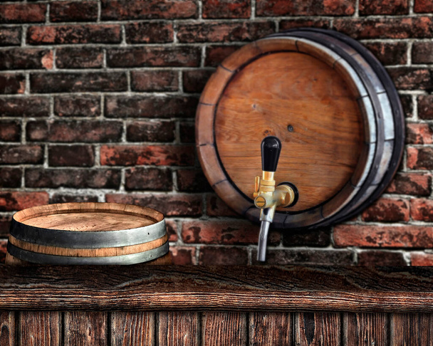 wooden bar counter with a beer barrel on a brick wall in the background - Fotó, kép