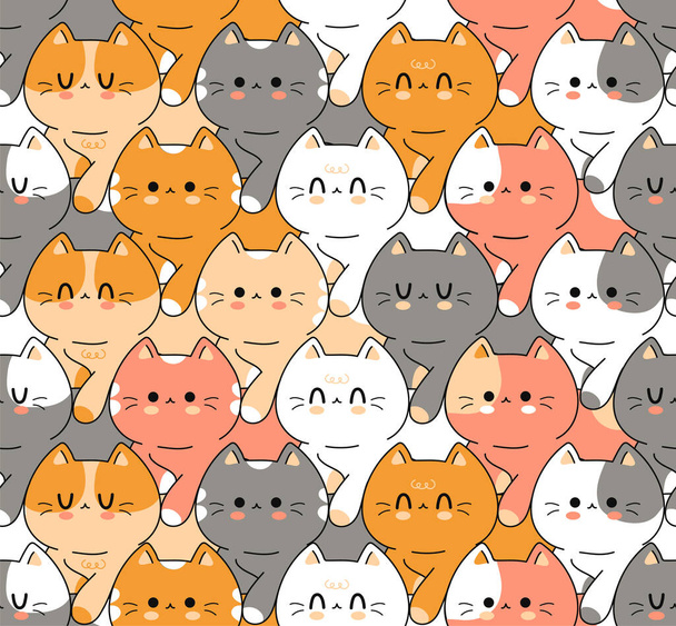 Cute funny cats seamless pattern.Vector hand drawn doodle cartoon kawaii character illustration logo. Cute happy cats cartoon kawaii seamless pattern concept - Vector, Image
