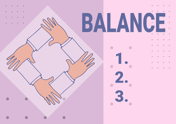 Kézírás szöveg Balance. Üzleti ötlet egyensúlyi állapot vagy egyensúly Élet békével és harmóniával Négykezes Összekapcsolva tartott karok Együtt mutatja kapcsolat szimbólum. - Fotó, kép