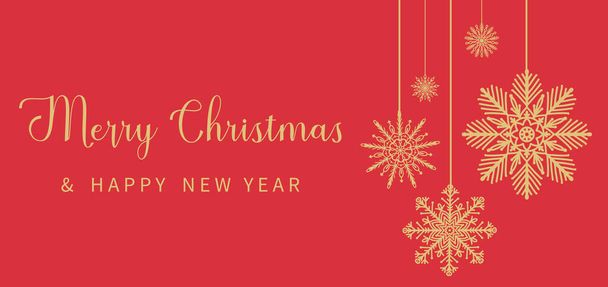 メリークリスマスとハッピーニューイヤーエレガントなグリーティングカード、テンプレート、バナー。赤い背景に装飾的な黄金の雪の結晶クリスマスの装飾。ベクターイラスト冬のデザイン - ベクター画像