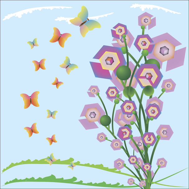 Abstract summer geometric flower background with butterflies - Вектор,изображение