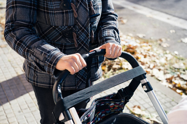 yksinhuoltaja äiti kävely hänen lapsensa hänen rattaat - Valokuva, kuva