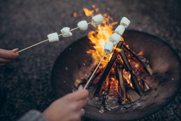 Female hands roast the marshmallow strung on sticks over an open fire of bonfire. Closeup. - Photo, image