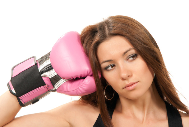 Beautiful boxing woman in pink gloves - Фото, зображення