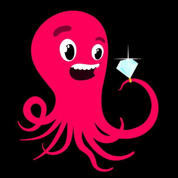 Cartoon octopus with a diamond ring - Vector, Image