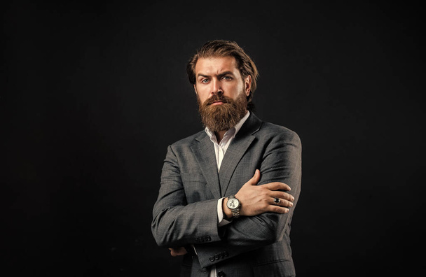 Man with beard wear grey suit corporate style, promising entrepreneur concept - Фото, изображение