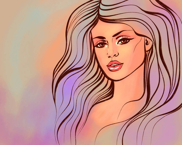 ilustração retrato de uma mulher bonita em um fundo lilás. beleza elegante da moda. banner - Foto, Imagem