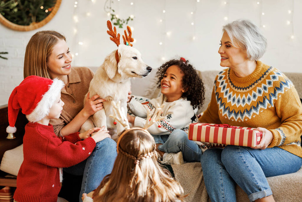 Happy kids getting dog for Christmas, multiethnic family with golden retriever celebrate New Year - Photo, Image