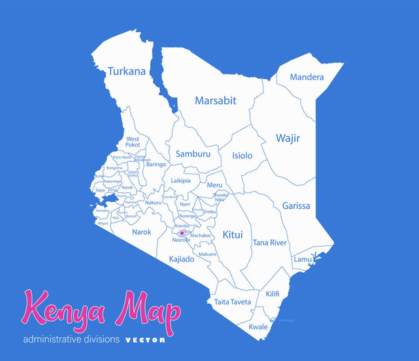 Kenia-Karte, Verwaltungseinheiten mit Namen von Regionen, blauer Hintergrundvektor - Vektor, Bild
