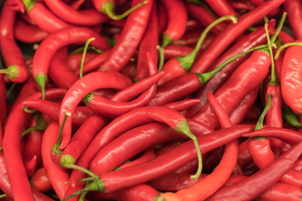 Κοντινό πλάνο μιας στοίβας κόκκινες πιπεριές τσίλι, πολύ πικάντικο λαχανικό. - Φωτογραφία, εικόνα