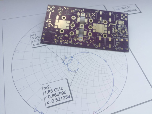 High power RF and microwave module purple gold plated printed circuit board in front of Smith chart impedance matching for design - Photo, Image