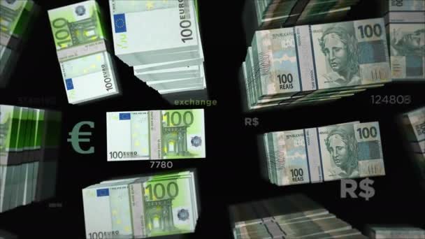 Euro a Brazílie Reálná výměna peněz. Papírové bankovky balí balík. Pojetí obchodu, ekonomiky, hospodářské soutěže, krize, konfliktů, soupeření a financí. Poznámky smyčka bezešvé 3D animace. - Záběry, video