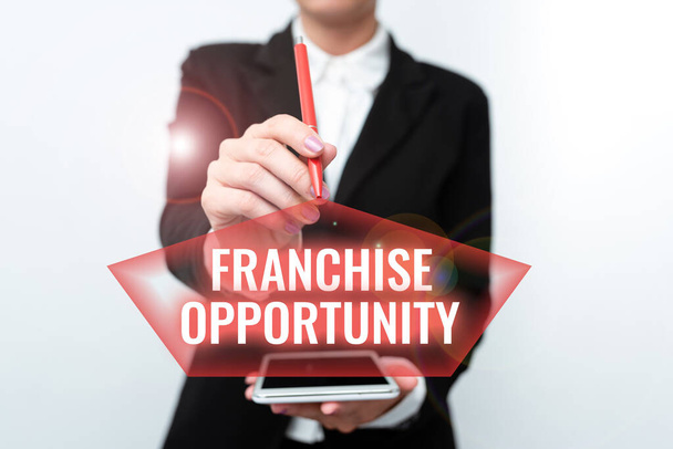 Writing displaying text Franchise Opportunity. Business showcase Business License Privilege Owner to Dealer Affiliation Presenting New Technology Ideas Discussing Technological Improvement - Photo, Image