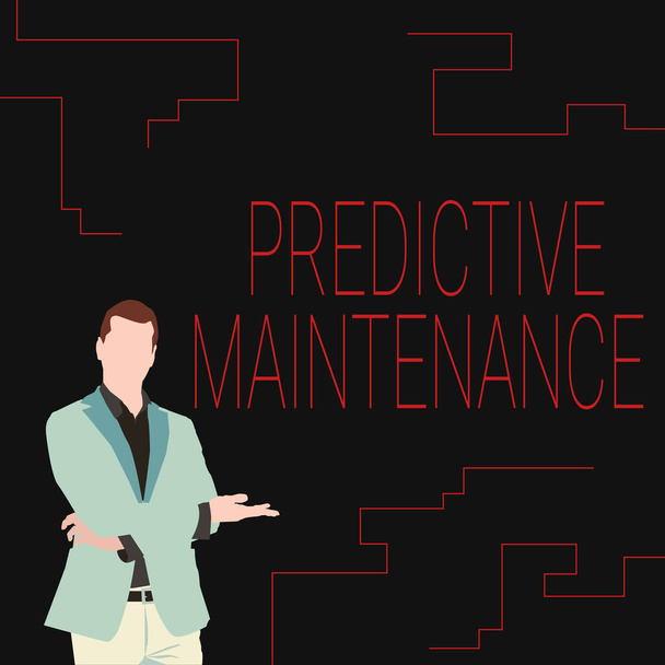 Text sign showing Predictive Maintenance. Business overview Predict when Equipment Failure condition might occur Illustration Of Businessman Wearing Coat Presenting New Wonderful Ideas. - Photo, Image