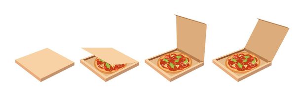 Realistic box with pizza. 3D cardboard open and closed food containers, empty and with pizza. Vector package mockup design for brand design identity restaurant delivery - Vector, Image