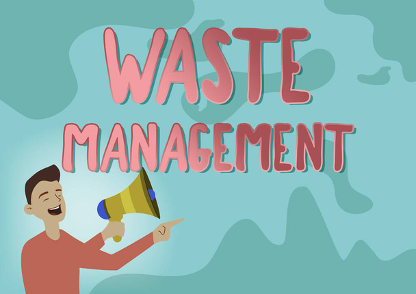 Text caption presenting Waste Management. Business concept actions required manage rubbish inception to final disposal Man Drawing Pointing Away Holding Megaphone Making New Announcement. - Photo, Image