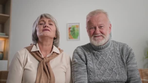 ευτυχείς συνταξιούχοι κουνώντας τα χέρια τους στην κάμερα, πορτρέτο των γκριζομάλλης παππούδων που επικοινωνούν μέσω του Διαδικτύου στο σπίτι - Πλάνα, βίντεο