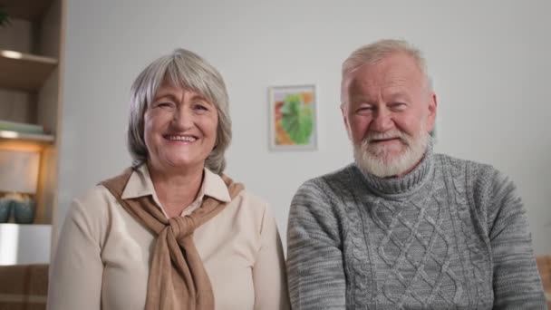 portret van senior paar praten op camera, gelukkig volwassen familie samen het maken van online bellen op laptop computer - Video