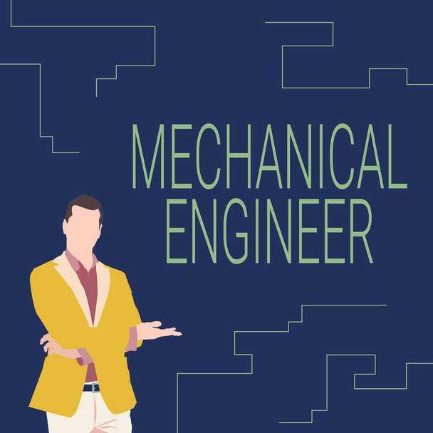 Text showing inspiration Mechanical Engineer. Business approach Applied Engineering Discipline for Mechanical System Illustration Of Businessman Wearing Coat Presenting New Wonderful Ideas. - Photo, Image